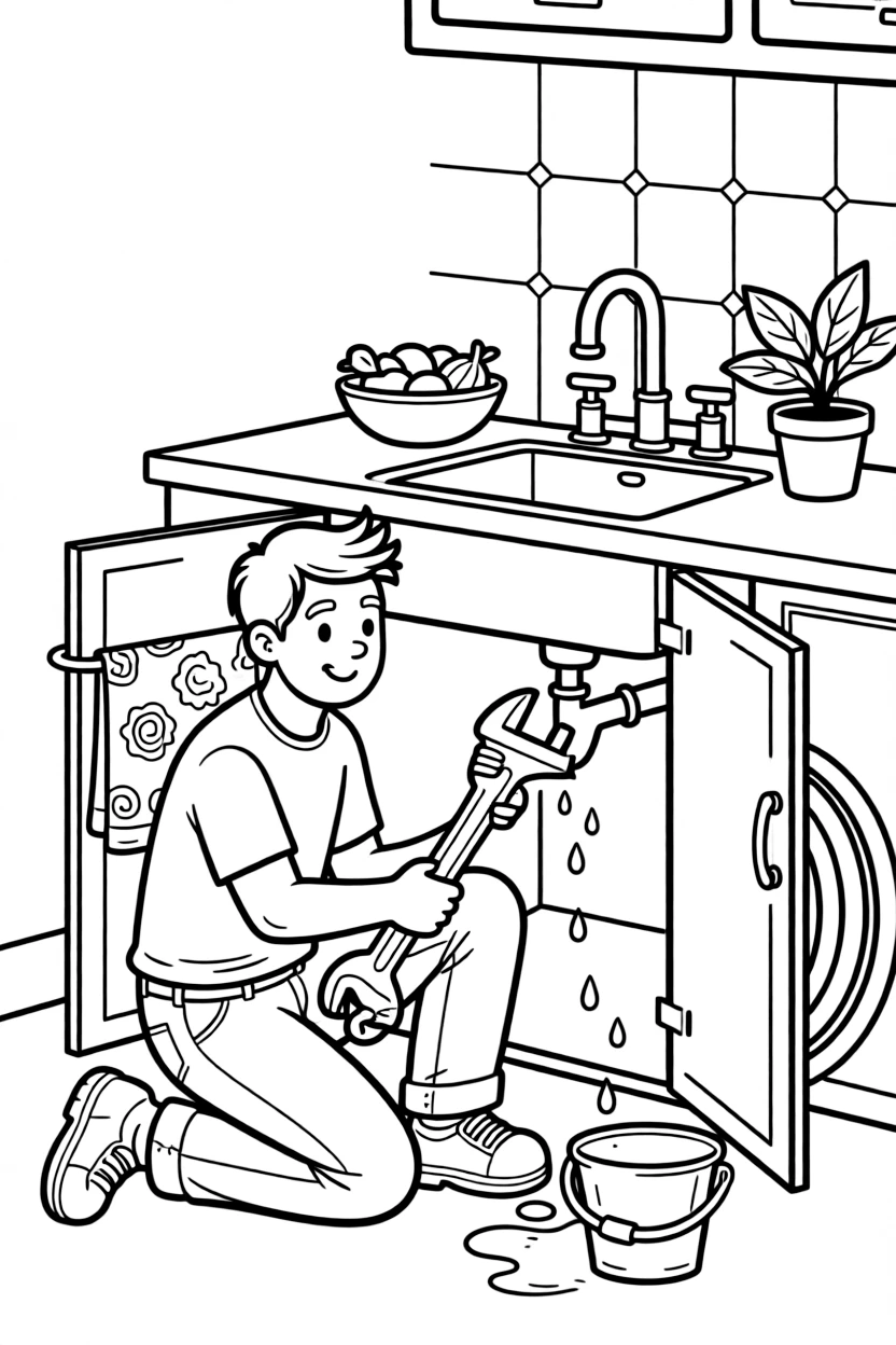 A plumber tightens a pipe wrench beneath a leaky kitchen sink.