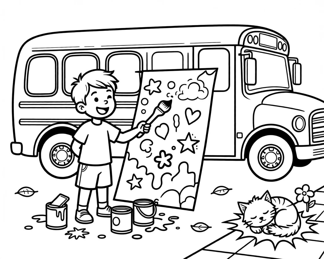 A giggling boy painting a mural on butcher paper at a school bus while a kitten naps in a sunny spot.