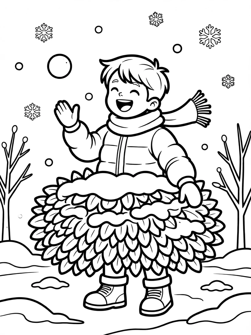 A shy new student, laughing while dodging a flying snowball behind a snow-covered bush.