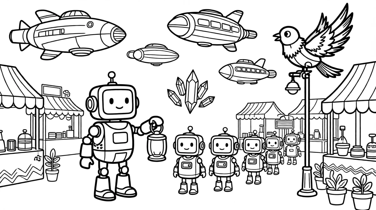 Gizmo, a robot gardener guiding a lantern-lit parade of robots through a night market, in a bustling spaceport crowded with ships from many worlds, with a robotic bird perched on a lamp post and a cluster of floating crystals humming softly nearby.