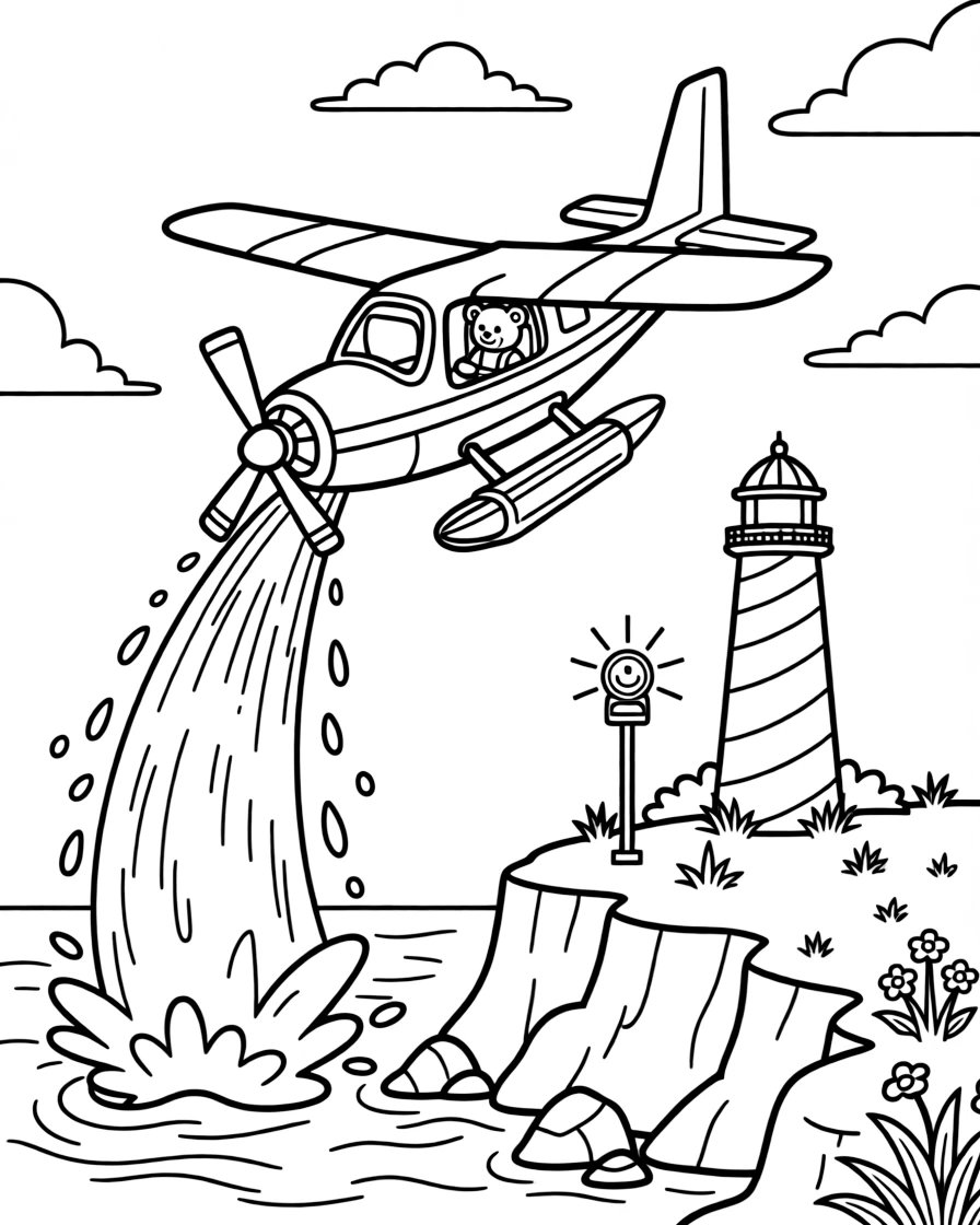 This coloring page shows a wildfire fighting plane dropping a splash of water making its way across a rocky coastline with a striped lighthouse on the cliff, accompanied by a teddy bear buckled safely into the passenger seat, while a signal light blinking cheerfully adds extra charm to the scene.
