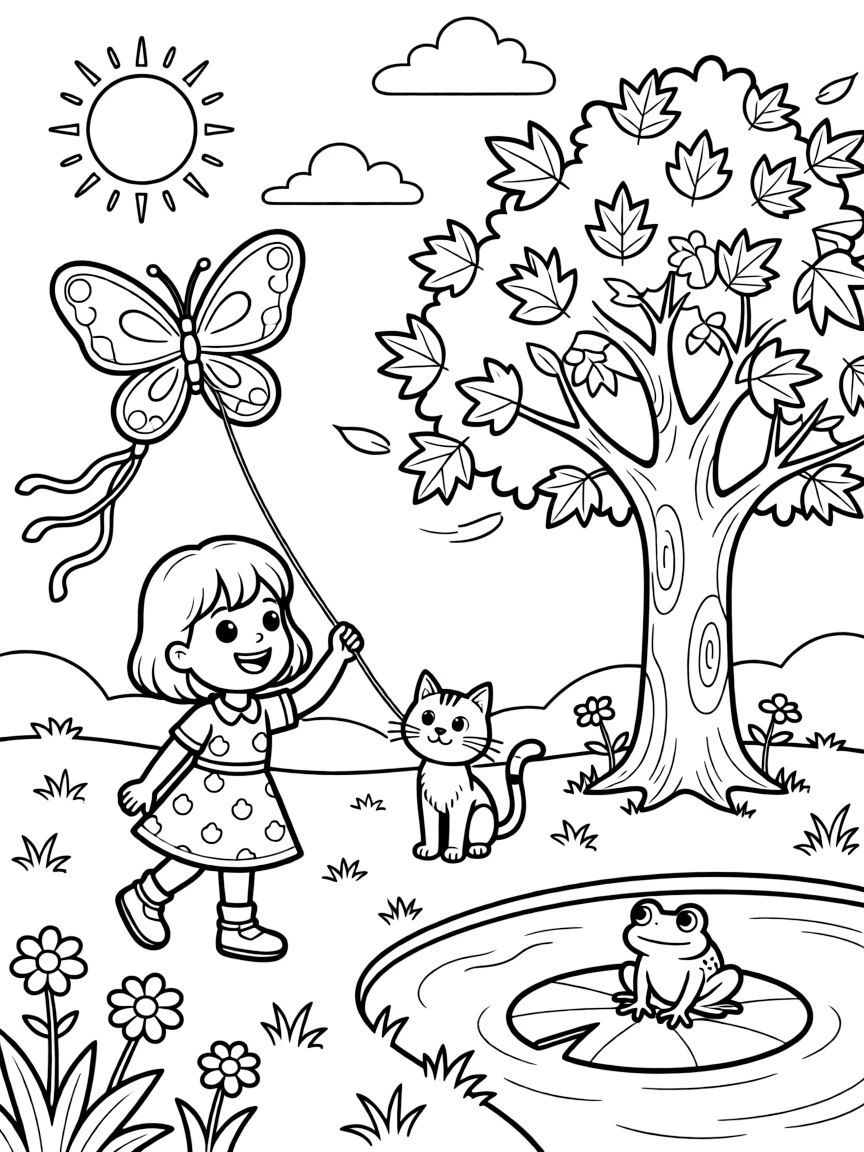 A ladybug in a sunny meadow, flying a kite with a barn cat, next to a maple tree in autumn colors, while a curious frog watches from a lily pad.