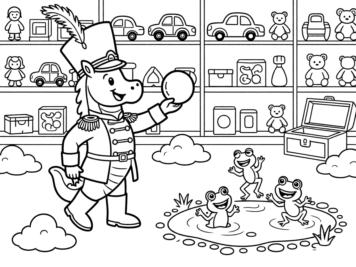 In a toy store after the lights go out, a fluffy seahorse royal guard discovers the joy of having a joyful snowball fight, while a puddle full of jumping frogs watches happily nearby. The whole scene bursts with joy and adventure.