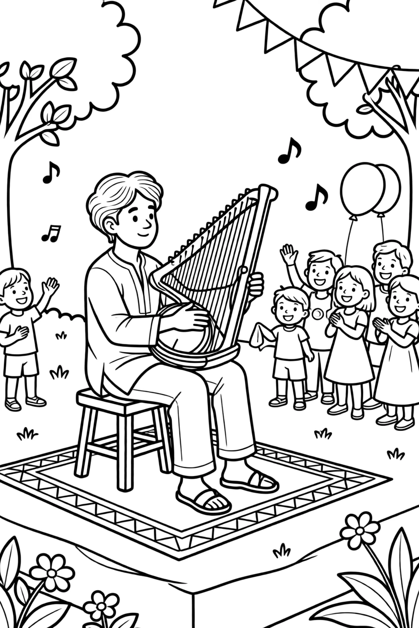 A coloring page capturing a musician playing a kora harp with many strings from Mali, set on an outdoor stage with cheerful onlookers waving and swaying along.