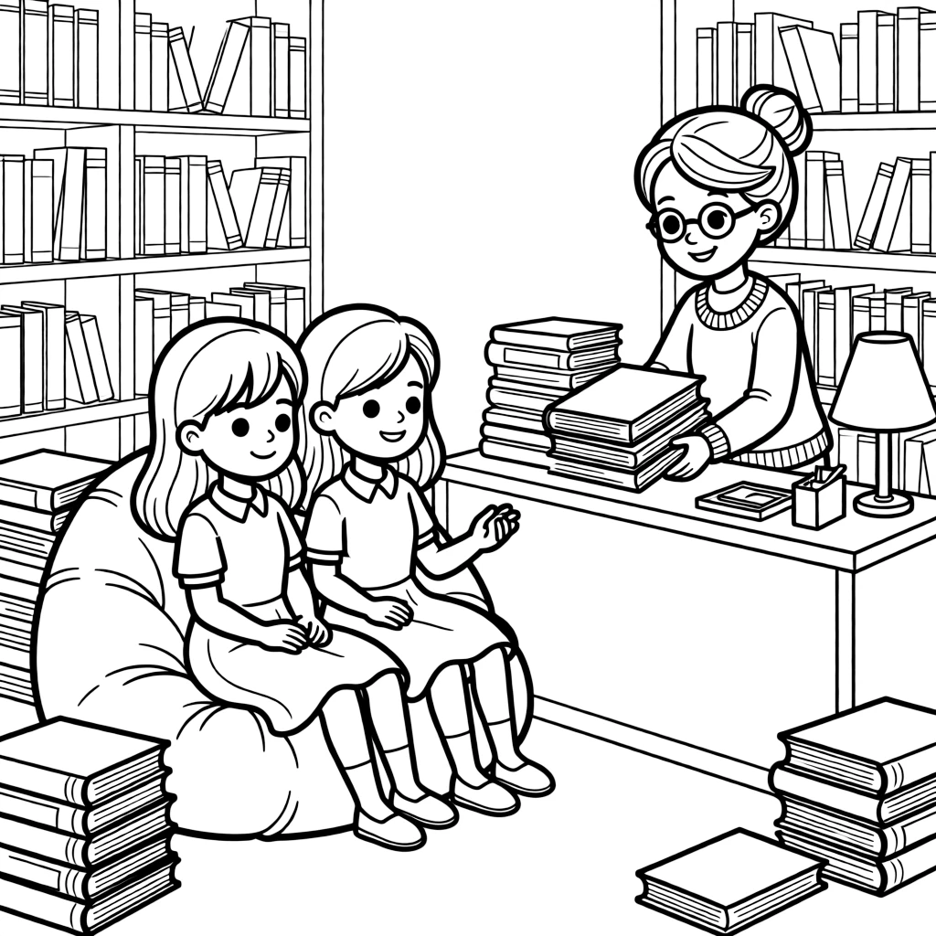 shy twin sisters sit in a library corner with a beanbag chair and returns a stack of borrowed books to a smiling librarian at the front desk.