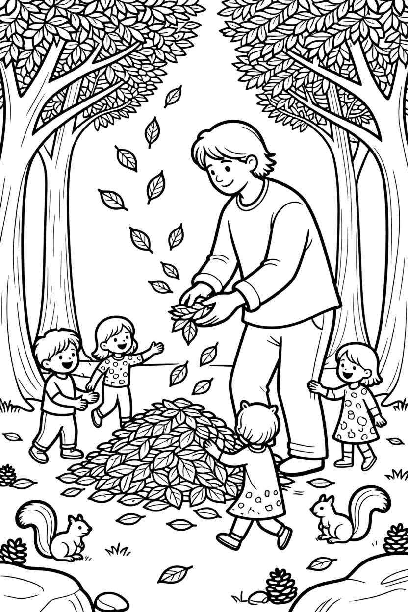 A gentle giant catches falling leaves in autumn, stacking them into a pile so children below can jump in safely.