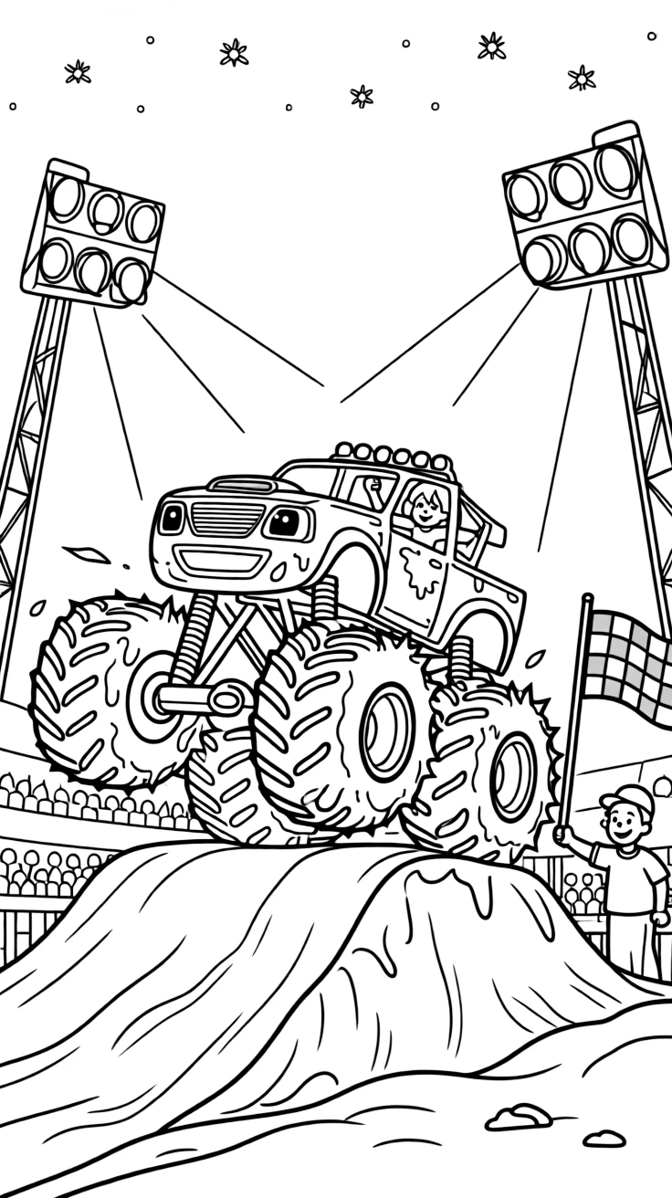 [Monster Trucks] a spiky monster truck launching off a dirt ramp under bright arena lights, cheering with both fists raised, while a checkered flag waves from the sidelines fills the surrounding area. Mud splatters across the oversized tires. Set at high noon, with fireflies beginning to glow, the page bursts with adventure and imagination.