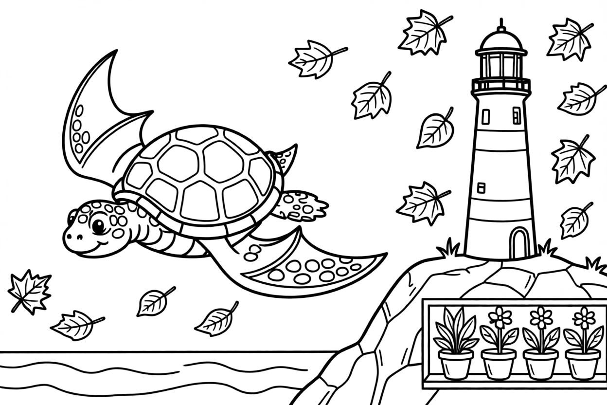 A gentle sea turtle is soaring through the sky on the back of a gentle dragon beside a lighthouse on a rocky coast. Close by, swirling autumn leaves in every color and a row of potted plants along a windowsill add a sprinkle of wonder to the moment.