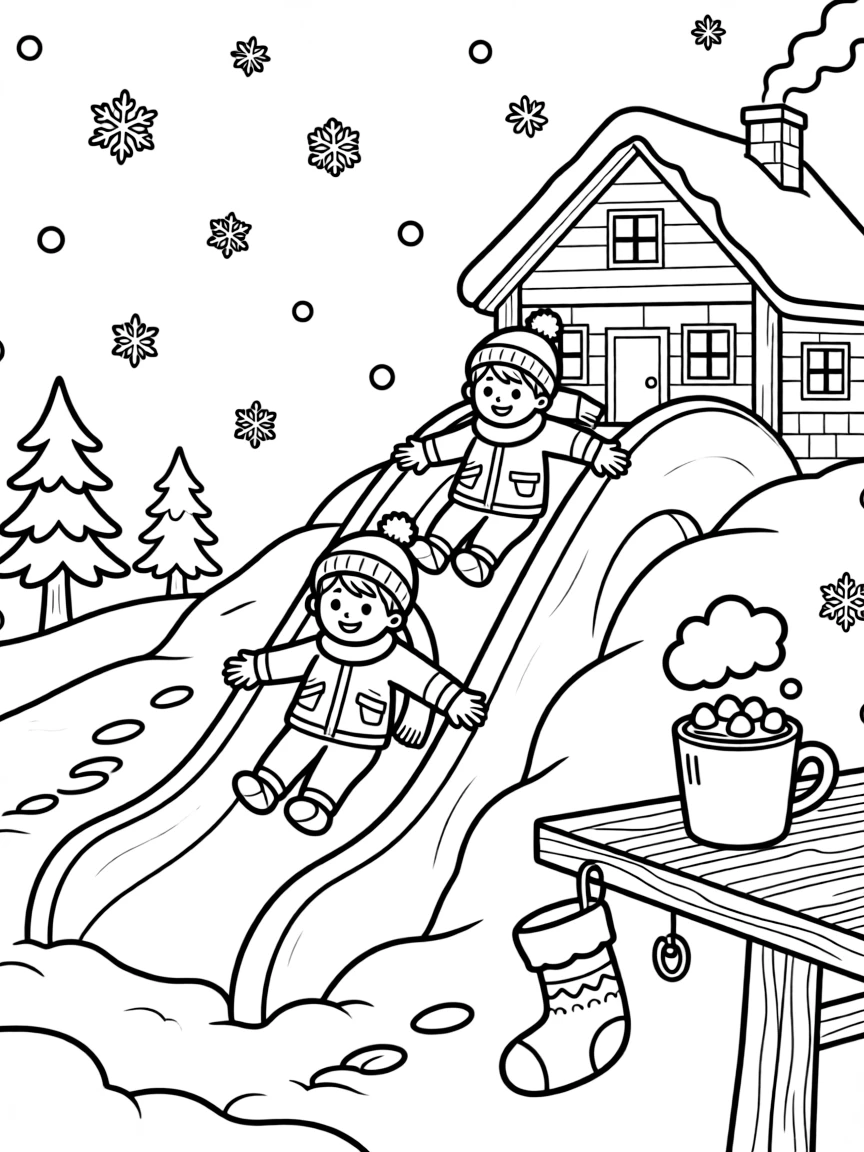 Children sliding down a sculpted ice slide in a mountain chalet surrounded by drifting snowflakes, with a steaming mug of cocoa with marshmallows and a knitted stocking hung with care nearby.