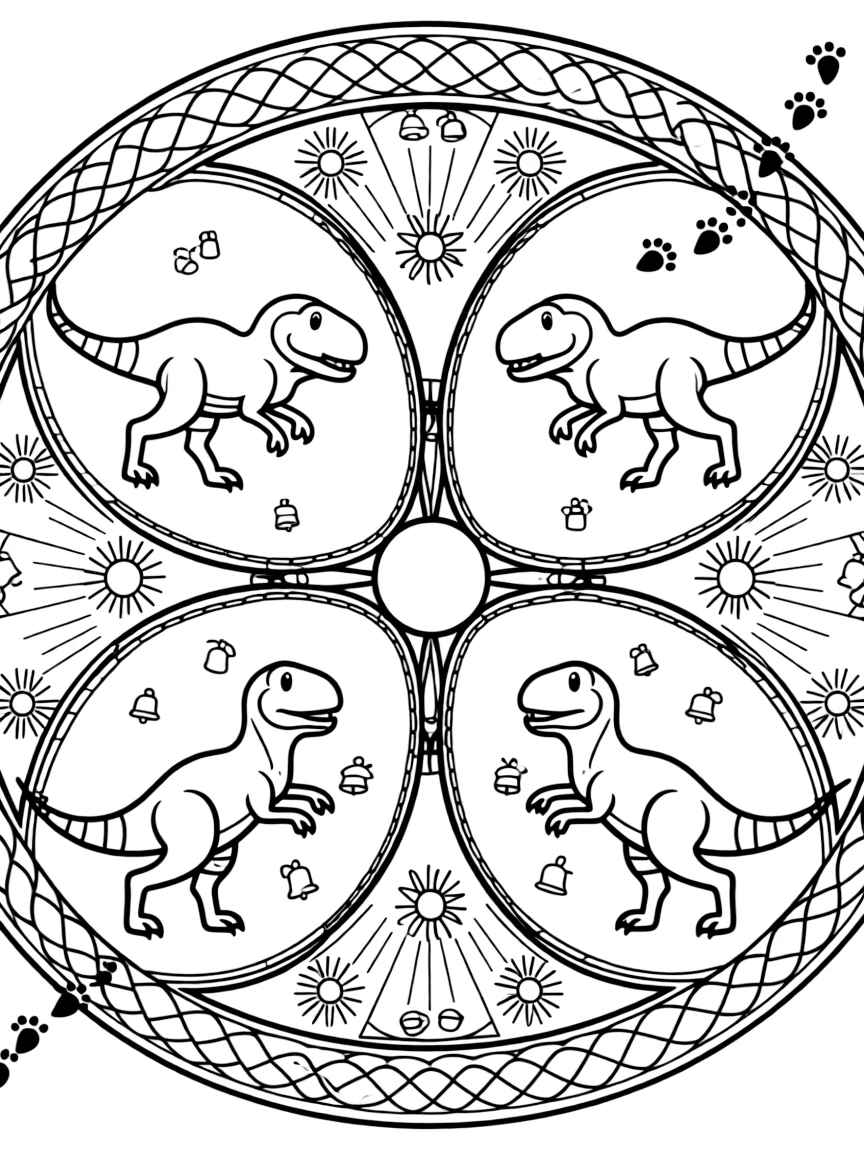 Dinosaurs & Prehistoric: The design turns a velociraptor mid-stride with a striped tail into a kaleidoscope-style composition anchored by a wheel-spoke mandala radiating from a round hub. The imagery is split into four mirrored quadrants that meet at the center, each quadrant a rotated echo of the next. Decorative details fill the surrounding space, including bands of braided rope shapes, rays fanning out like a small sunburst, and clusters of tiny bells woven throughout the background. A playful extra touch completes the page: a few tiny footprints trailing off toward one edge of the page.