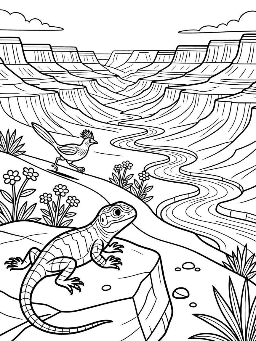 [Canyon Trails] A curious lizard suns itself on a warm rock overlooking a dramatic canyon vista. A roadrunner darts across the trail past a cluster of wildflowers growing between rocks. A winding river cuts through the canyon floor far below the rocky rim trail. Morning light stretches across the canyon, highlighting every ridge and layer of rock.