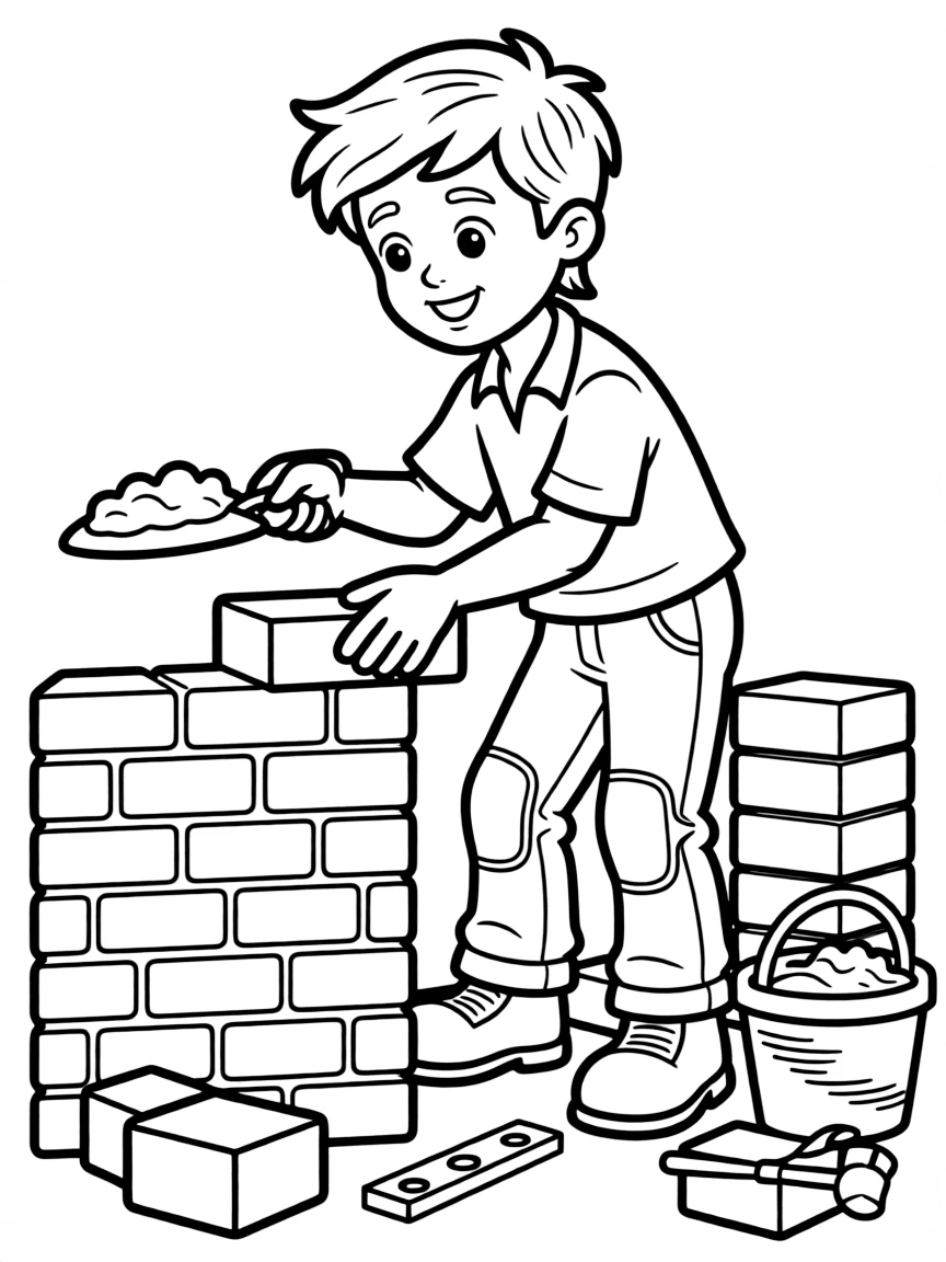 A bricklayer stacks red bricks neatly with a trowel full of mortar.