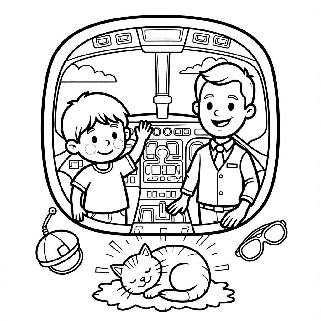 A shy toddler waving from a cockpit window next to a pilot while a kitten naps in a sunny spot.