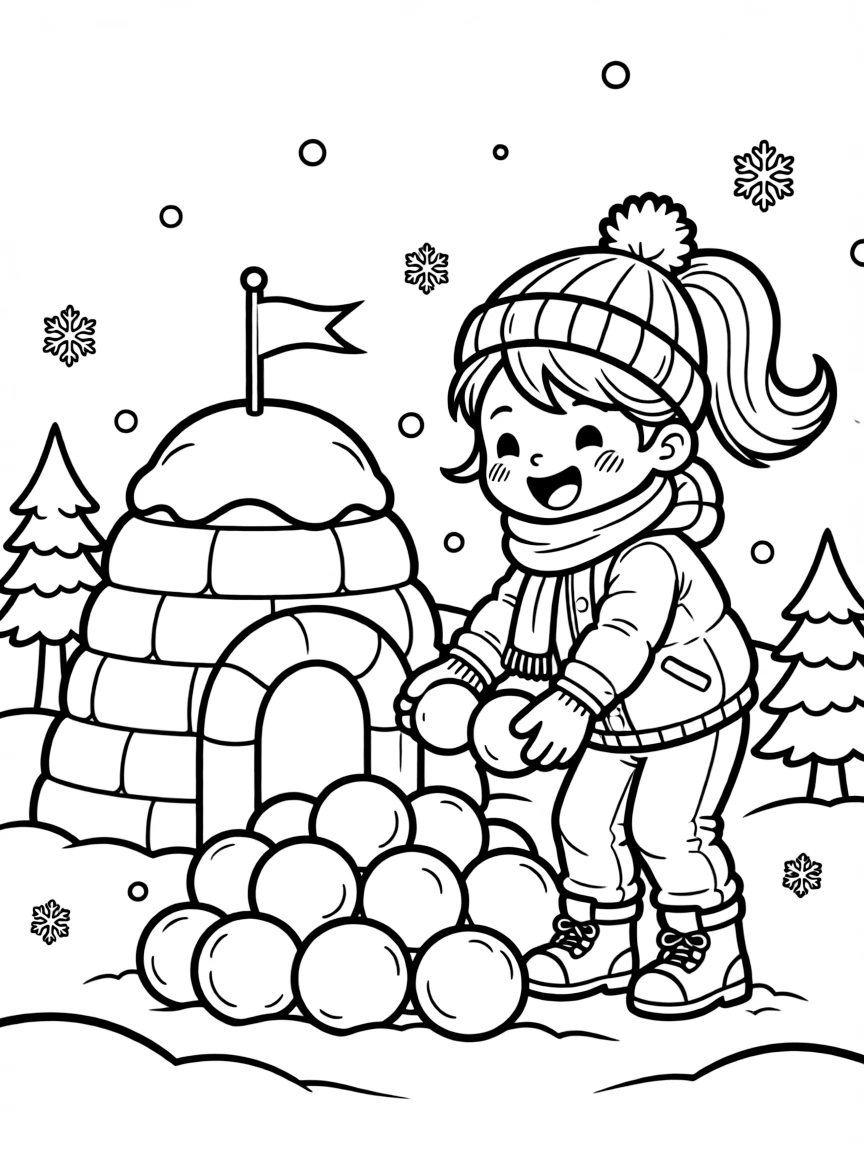 An energetic girl with a big smile, stockpiling a pile of snowballs behind a fort for the next round.