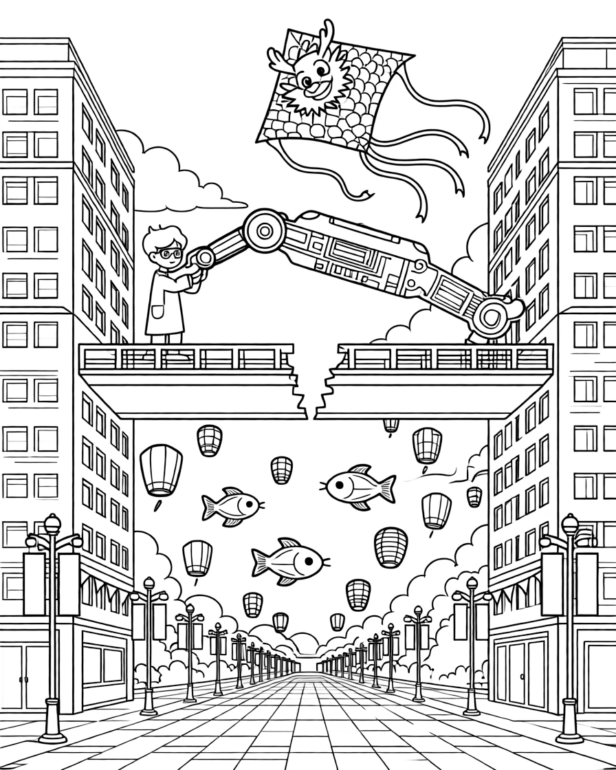 Inventor kid Meteor testing a robotic grabber arm fixing a broken light beam bridge between two skyscraper towers in a festival square decorated with banners and floating lanterns, as a school of glowing space fish swimming through the air and a kite shaped like a friendly dragon flying overhead fill the scene.