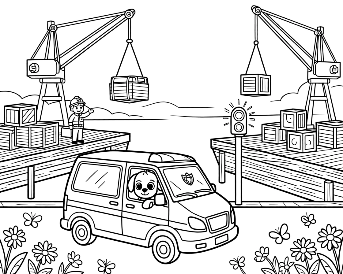 This page centers on a K9 police van with a little dog peeking out the window exploring a busy harbor lined with docks, cranes, and stacked crates, featuring a proud firefighter leaning out to wave and little extras like butterflies fluttering near a patch of wildflowers and a signal light blinking cheerfully.