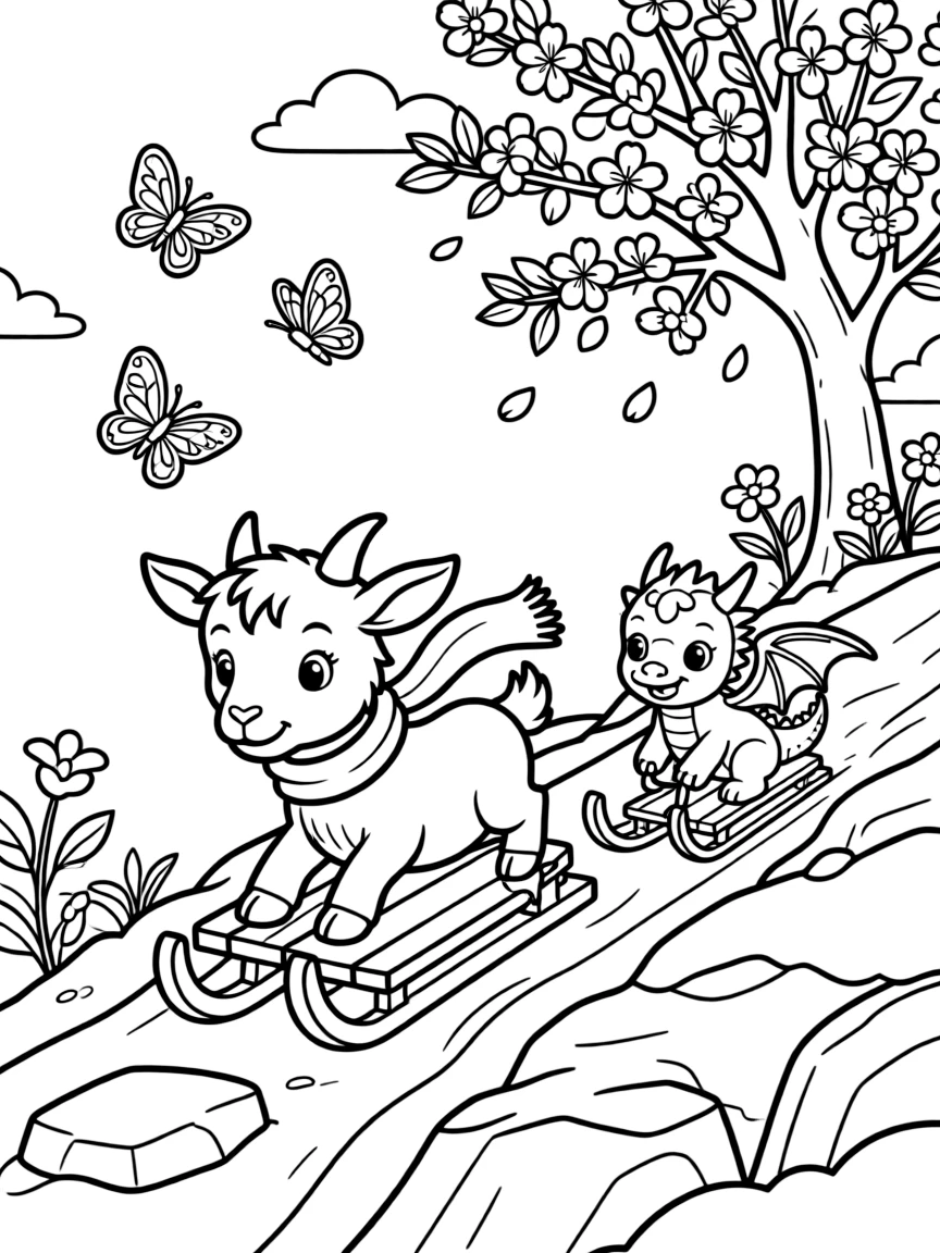 A goat kid on a rocky mountain trail, sledding down a snowy hill with a baby dragon, next to a blooming cherry blossom tree, surrounded by fluttering butterflies.