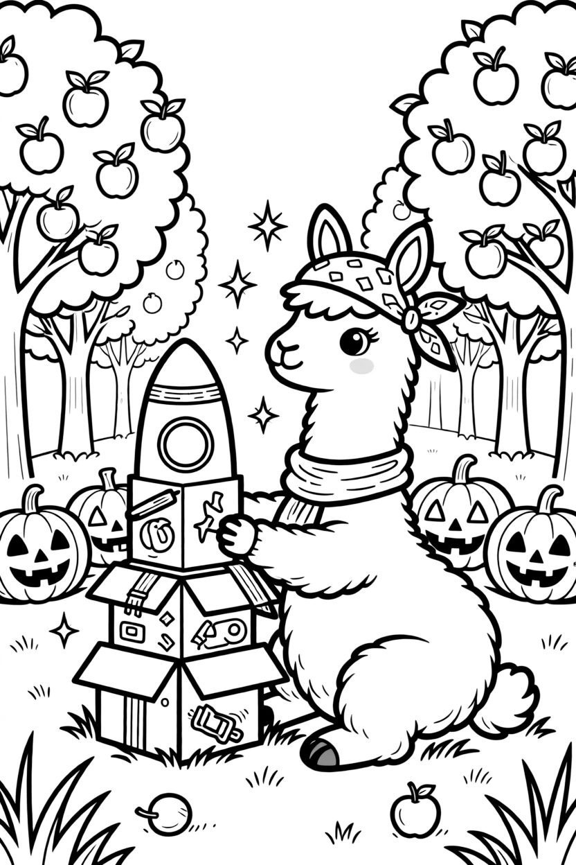 A huggable llama fashionista takes a break from adventures to try building a rocket out of cardboard boxes in an apple orchard during harvest festival, with a row of jack-o'-lanterns grinning in the dark close behind. Sparkles and stars fill the air with magic.