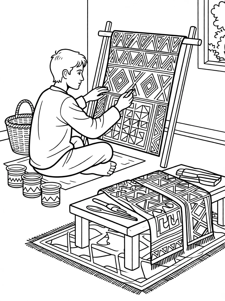 A coloring page showing a creative craft moment in Mali: a craftsman painting a mud-cloth pattern with natural dyes, with finished pieces displayed proudly on a nearby table.