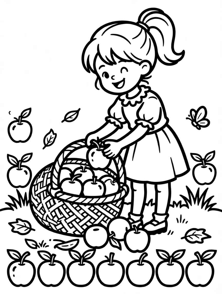 a mischievous young girl counts a basket of shiny apples, lining them up in neat rows of ten.