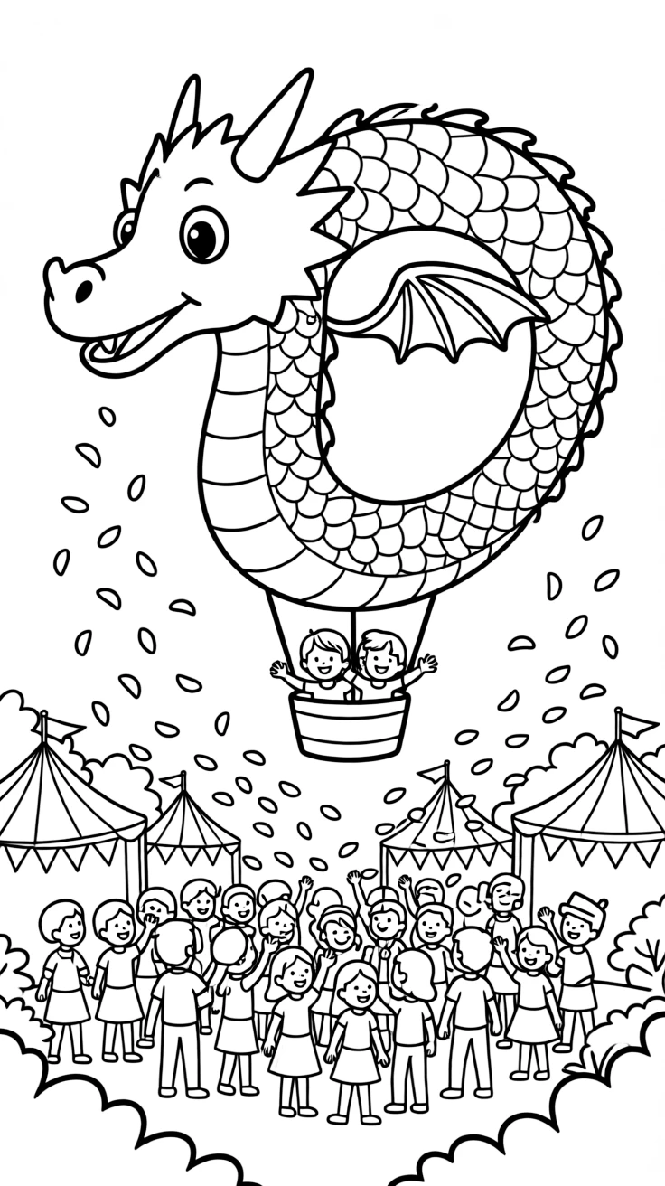A dragon-shaped hot air balloon drifts over a festival, waving crowds below tossing flower petals into the air.