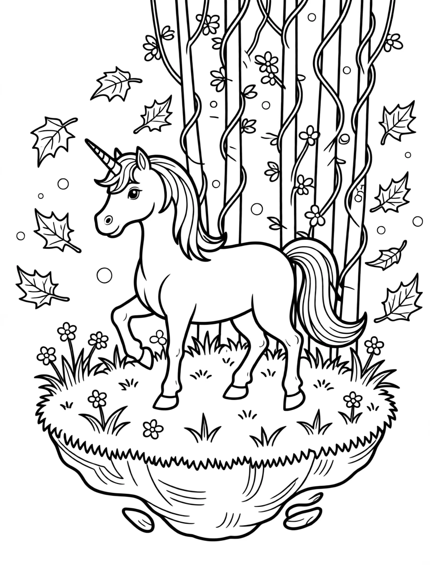 [Fantasy Creatures] A dynamic scene shows a gentle unicorn prancing through an enchanted meadow atop a floating mossy island, wide-eyed with wonder. Close by, vines with tiny flowers wind up the trees. Glowing light spots dot the forest floor. The moment unfolds on a crisp autumn afternoon, with autumn leaves swirling in the wind, filled with energetic detail perfect for a young colorist.