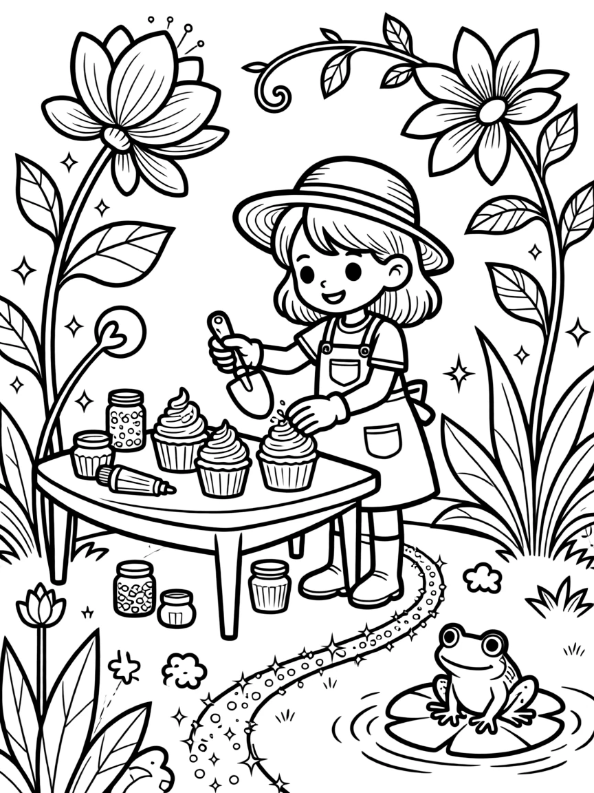 A girl gardener with a trowel and gloves is decorating cupcakes with sprinkles and swirls of frosting inside a wizard's garden glowing with enchanted plants. Scattered nearby, a friendly frog perched on a lily pad and a trail of glittering fairy dust complete the joyful scene.