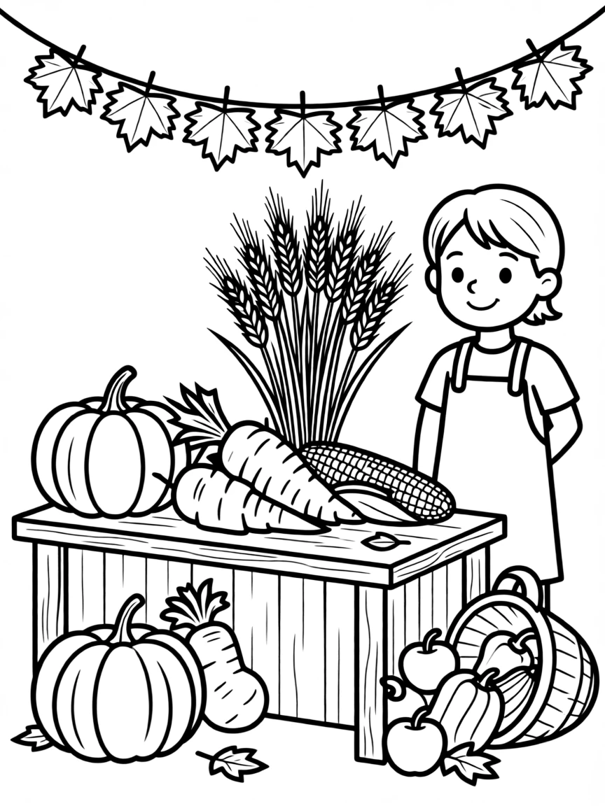 A maple leaf garland strung above the table at a farmers market piled high with autumn vegetables, with a bundle of golden wheat stalks and a cornucopia spilling over with vegetables nearby.