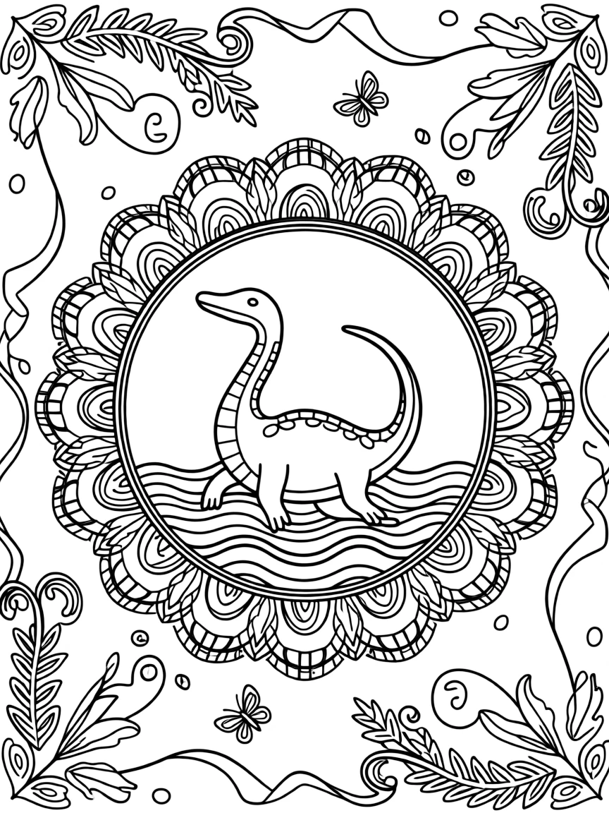 Dinosaurs & Prehistoric: The main subject is a plesiosaur with a long curving neck in the waves, drawn as the focal point of a scalloped wreath mandala with rounded overlapping arcs. It is placed at the very center of the page, with the surrounding rings growing larger and more detailed toward the outer edge. Decorative details fill the surrounding space, including curling paisley teardrops, curling fern-frond shapes, and ribbons folded into gentle zigzags woven throughout the background. A playful extra touch completes the page: a pair of small butterflies fluttering near the top of the page.