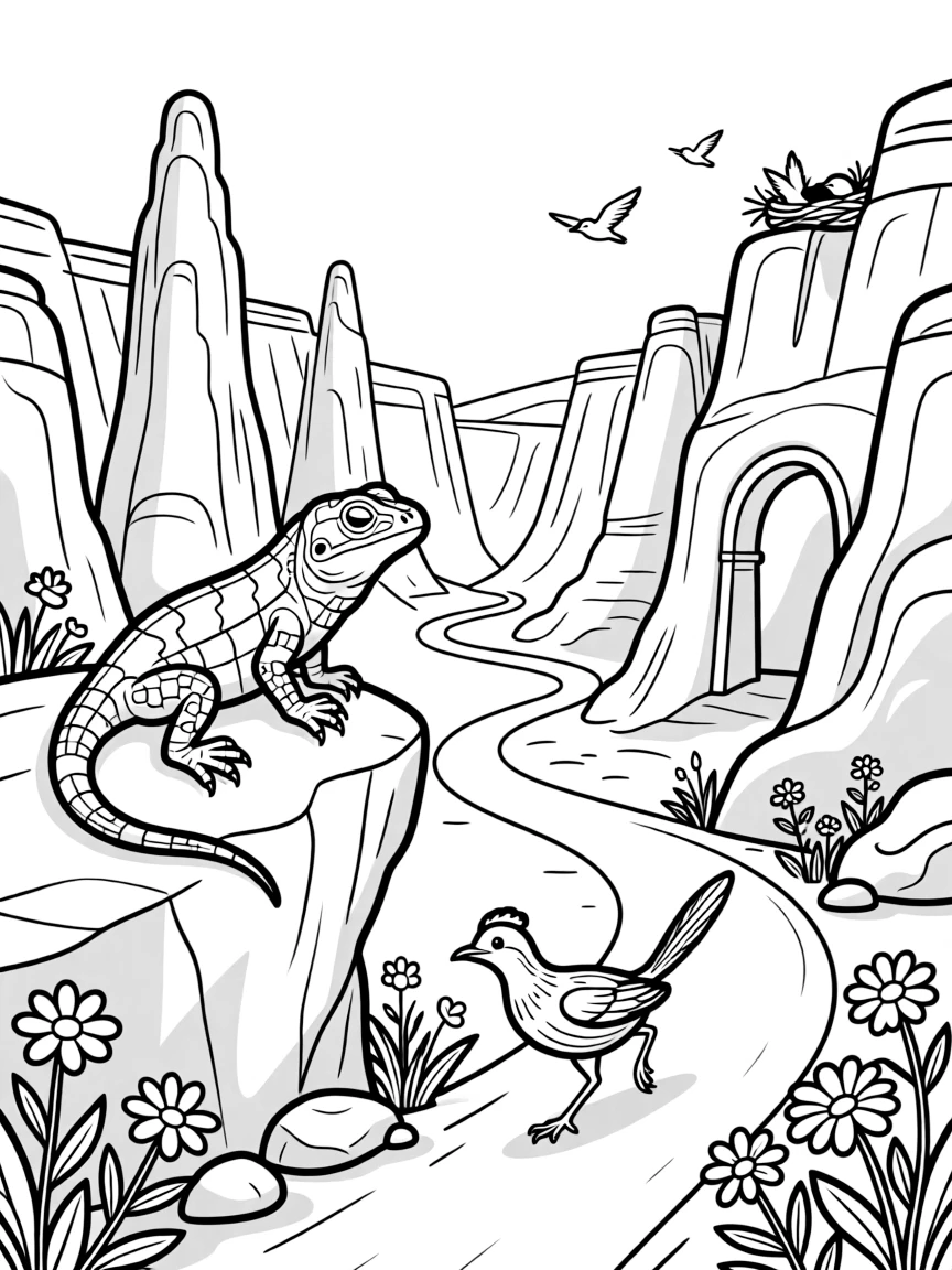 [Canyon Trails] A curious lizard suns itself on a warm rock overlooking a dramatic canyon vista. A roadrunner darts across the trail past a cluster of wildflowers growing between rocks. Ancient rock formations shaped like towers and arches rise from the canyon floor. Soft evening shadows stretch across the canyon floor as birds return to their nests.