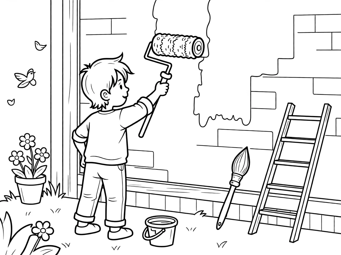 A painter rolls fresh blue paint onto the wall of a new house.