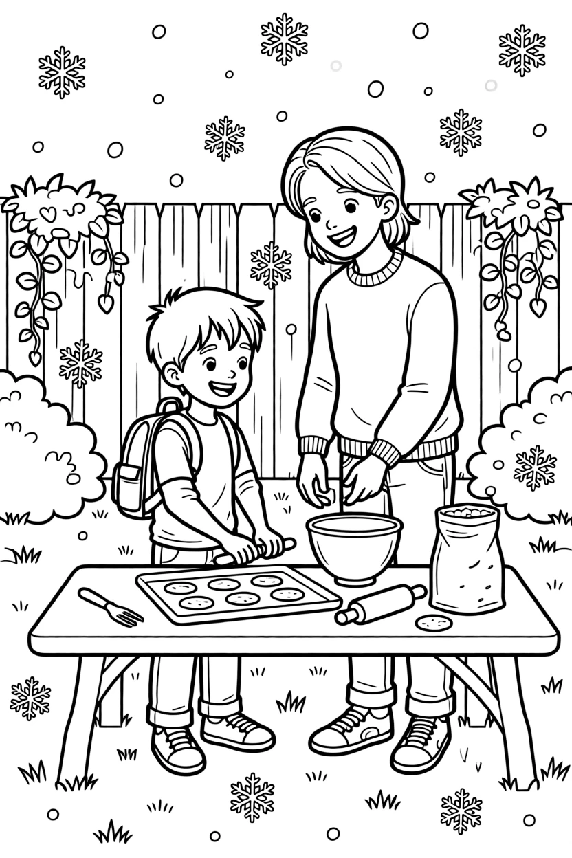 A boy with a backpack baking cookies together with an older sibling home from college in the backyard while snowflakes fall softly.