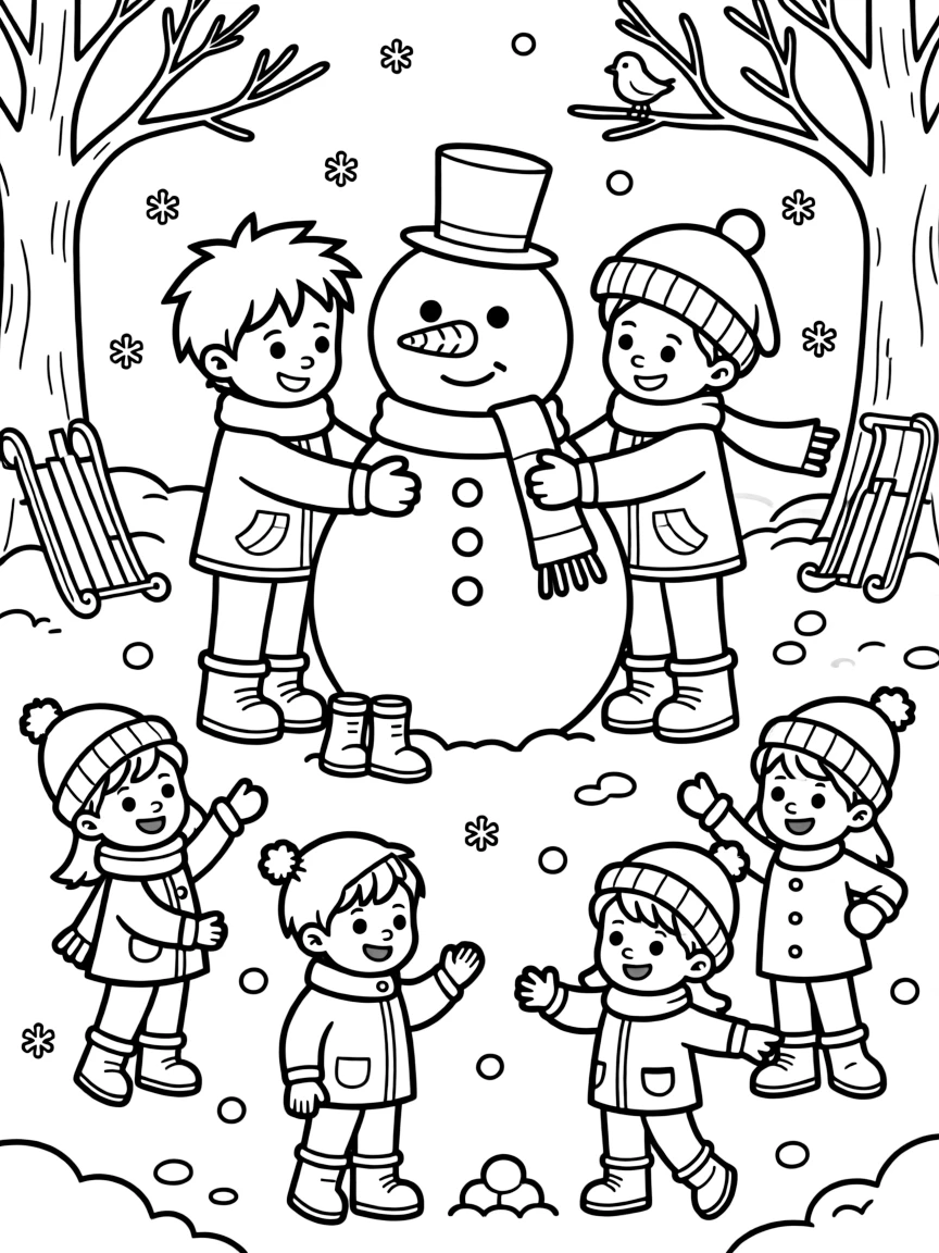 A pair of twin siblings, declaring a truce with friends and building a snowman together instead.
