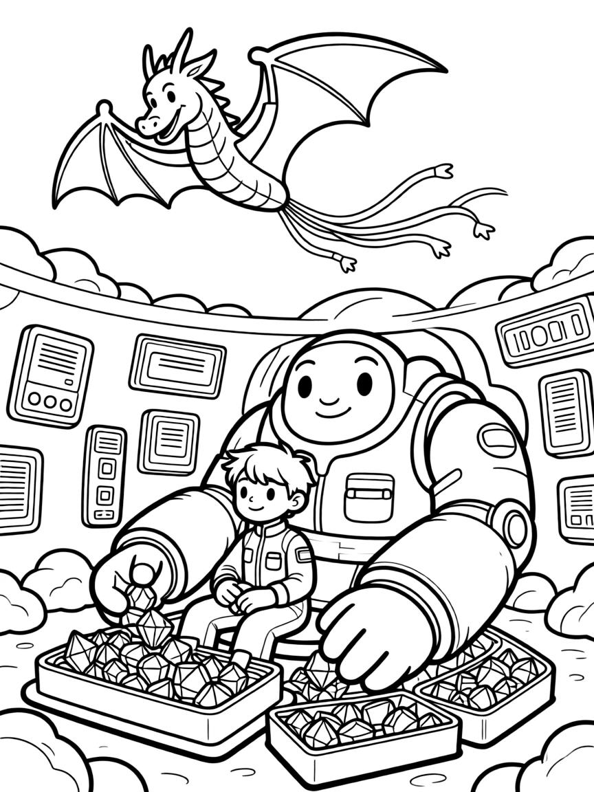 In a secret underground base hidden beneath a volcano, young pilot Cinder riding inside the friendly giant mech Skyforge sorting colorful gems mined from an asteroid belt, while a kite shaped like a friendly dragon flying overhead adds to the excitement.