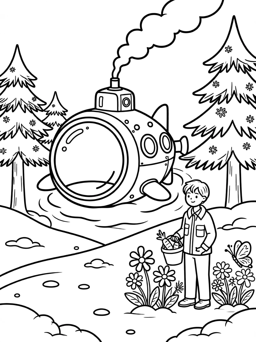 The scene captures a mini submarine explorer with a bubble-shaped window in the middle of a snowy mountain pass with pine trees dusted in white, with a zookeeper carrying a bucket of carrots nearby and butterflies fluttering near a patch of wildflowers sprinkled around for extra fun.