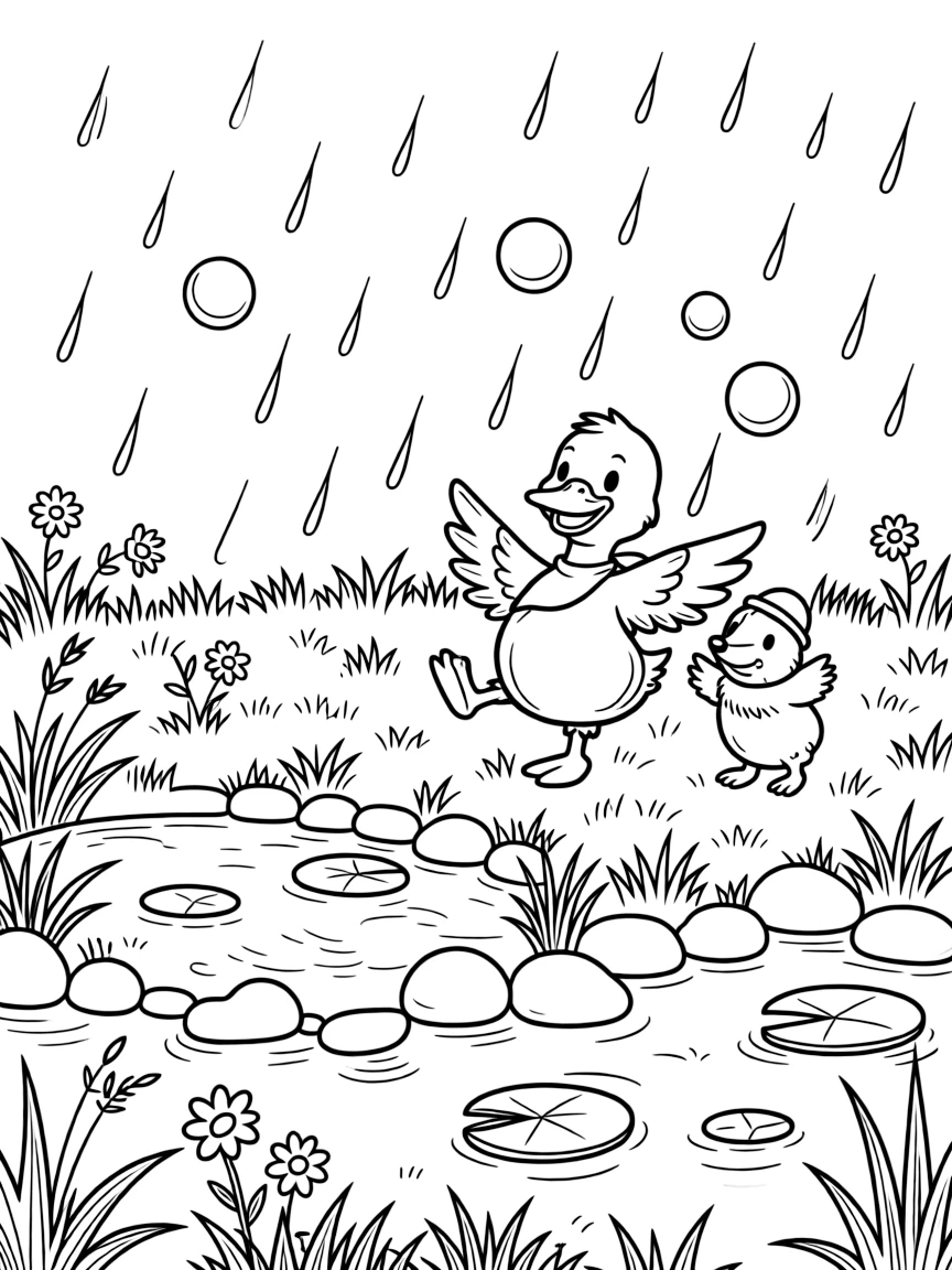 A duckling on a mountaintop meadow, dancing in the rain with a mole, next to a lily pad pond, as bubbles float up into the sky.