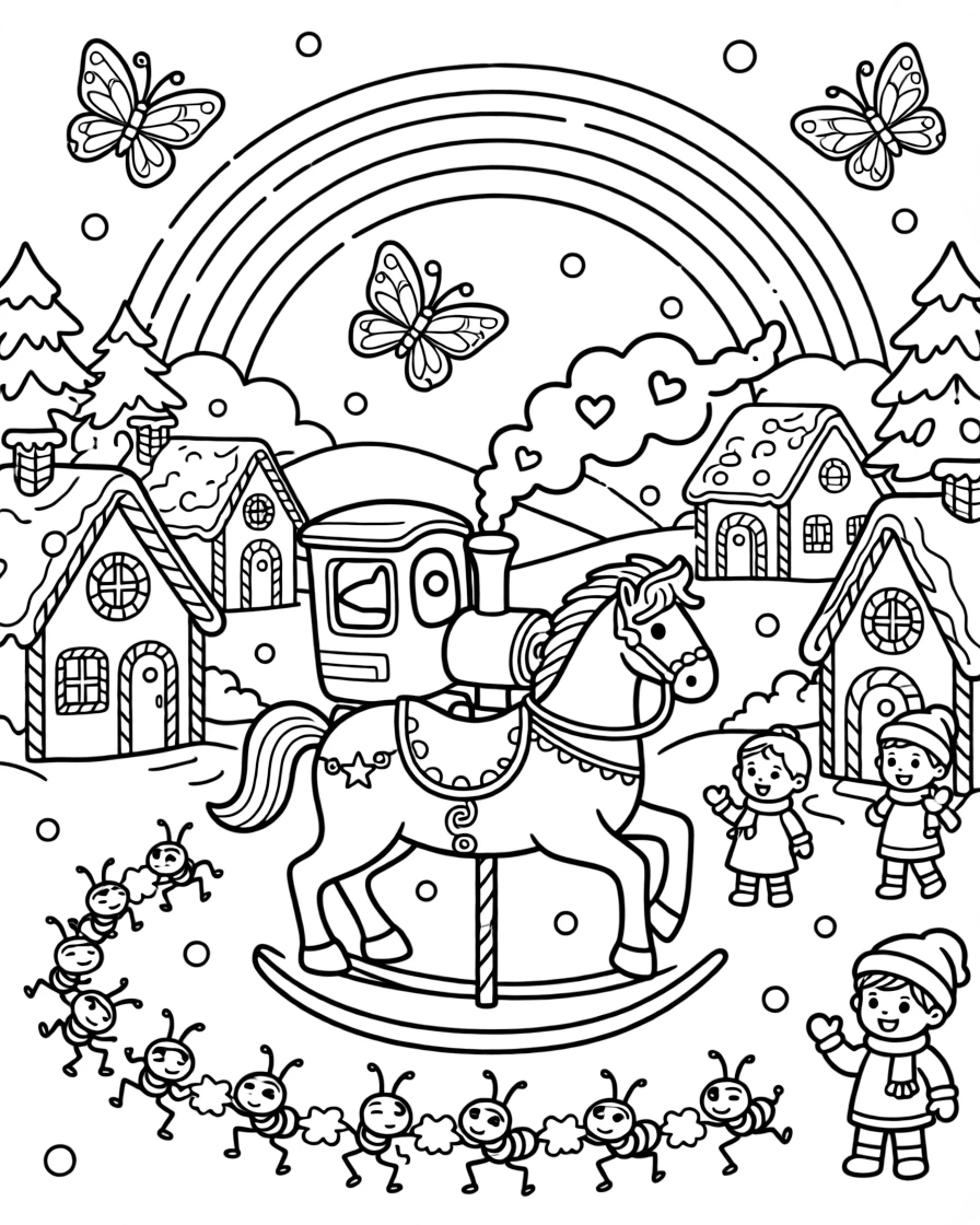In a snow-covered village lined with gingerbread houses, a curious steam engine puffing hearts is busy riding a carousel horse that has come to life, cheered on by a line of ants carrying a picnic crumb and a rainbow of butterflies fluttering by. Everyone is laughing and having the best time.