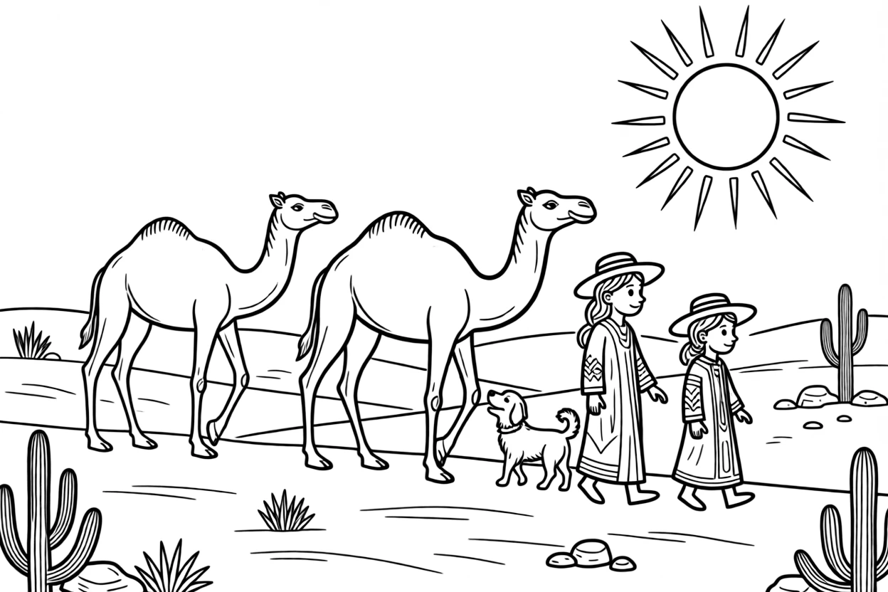 A coloring page capturing everyday life in Mali: a family traveling by camel caravan across the desert sands, with a loyal pet nearby and a warm sun shining overhead.