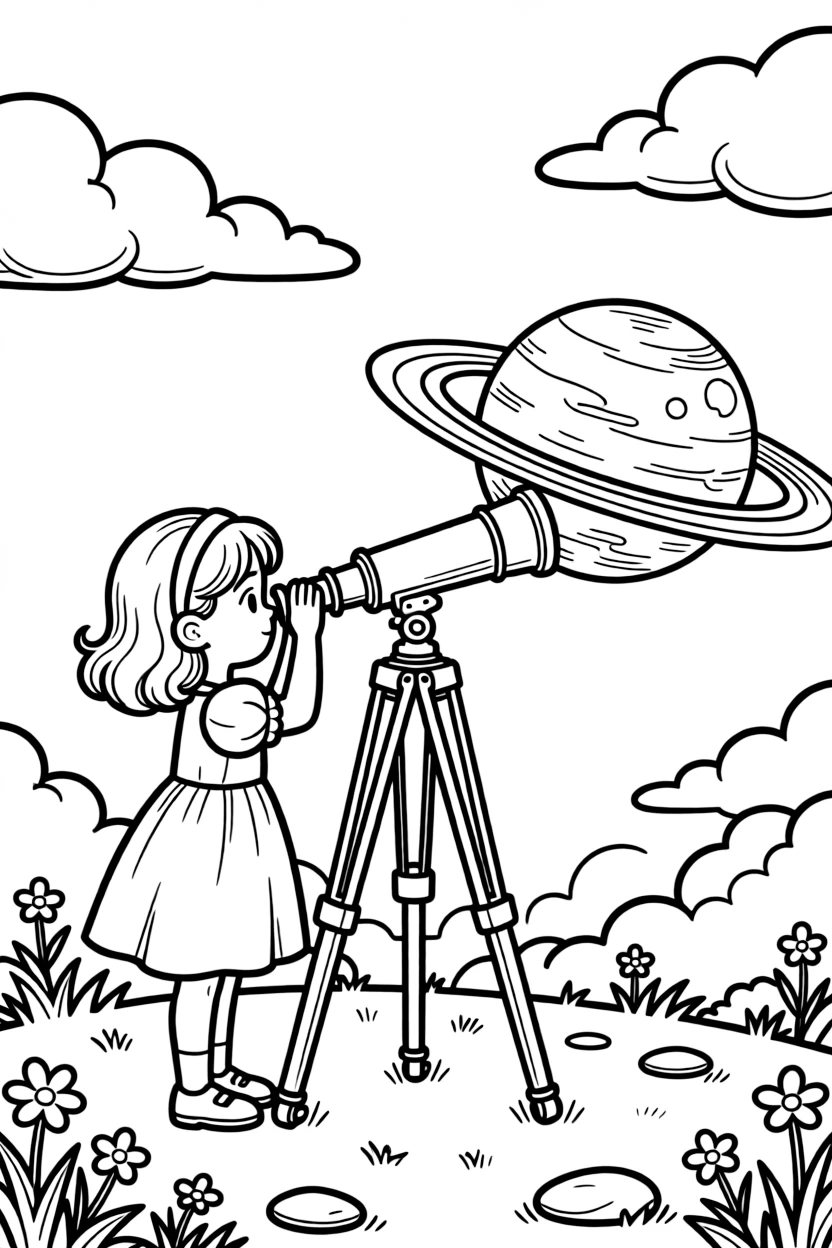 a gentle little girl peers through a big brass telescope at a ringed planet glowing on the horizon.