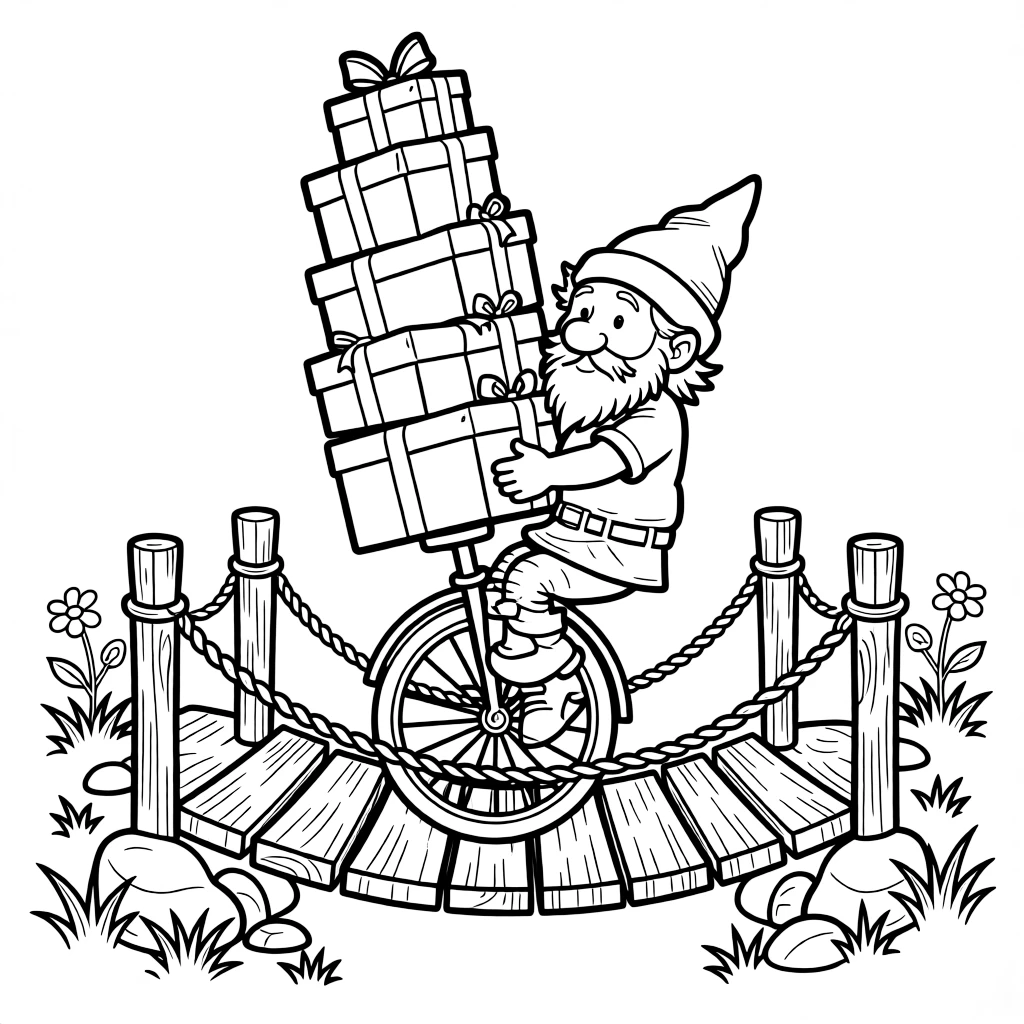 A gnome mail carrier crosses a rickety bridge on a unicycle, balancing a stack of tiny packages precariously.