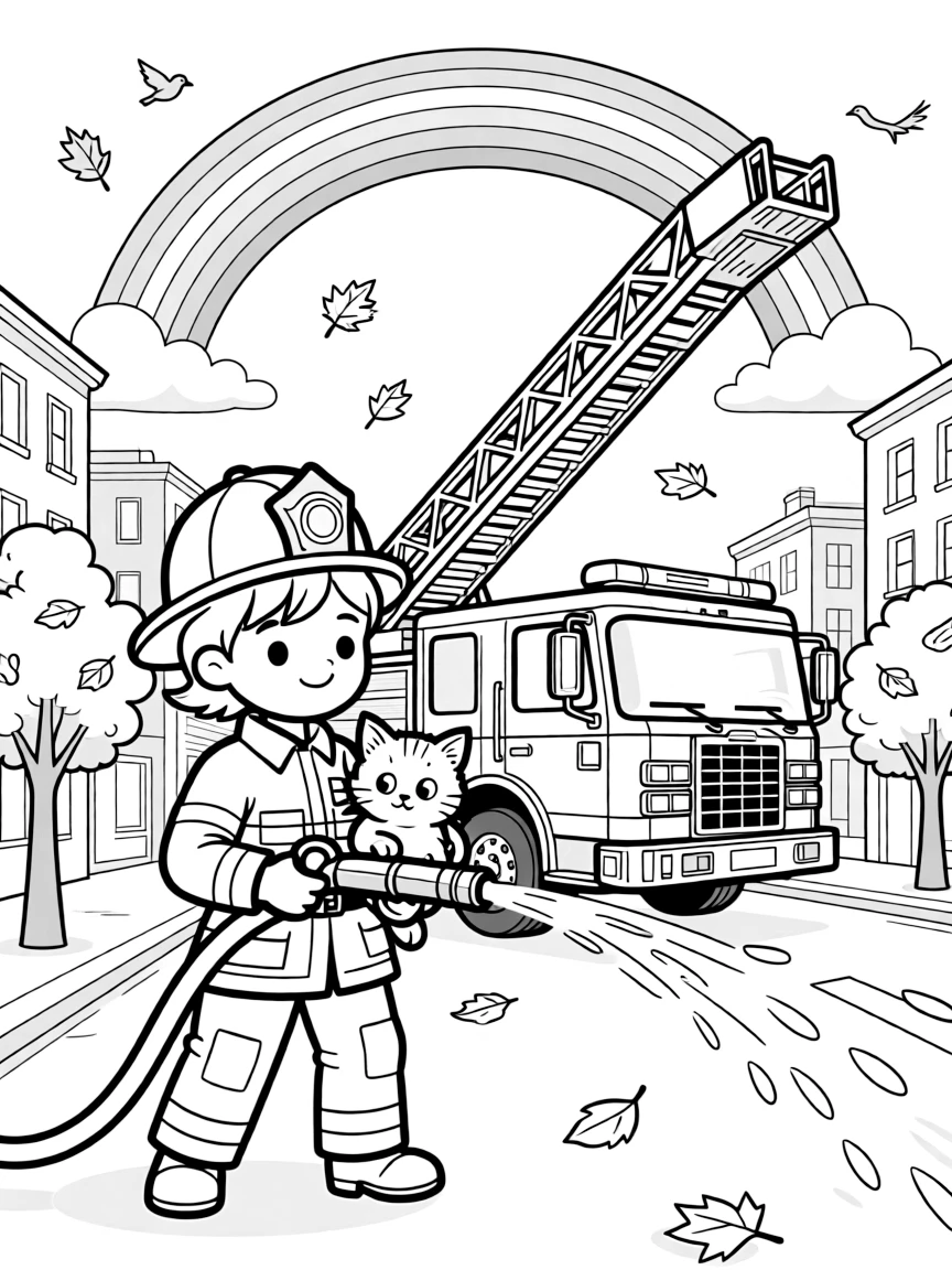 [Firefighters] a firefighter aiming a hose carrying a rescued kitten to safety on a city street during a rescue. In the background, a fire truck's ladder extends into the sky, adding extra fun to explore. The fire truck gleams with polished chrome. It all happens on a crisp autumn afternoon, with a rainbow arching overhead.
