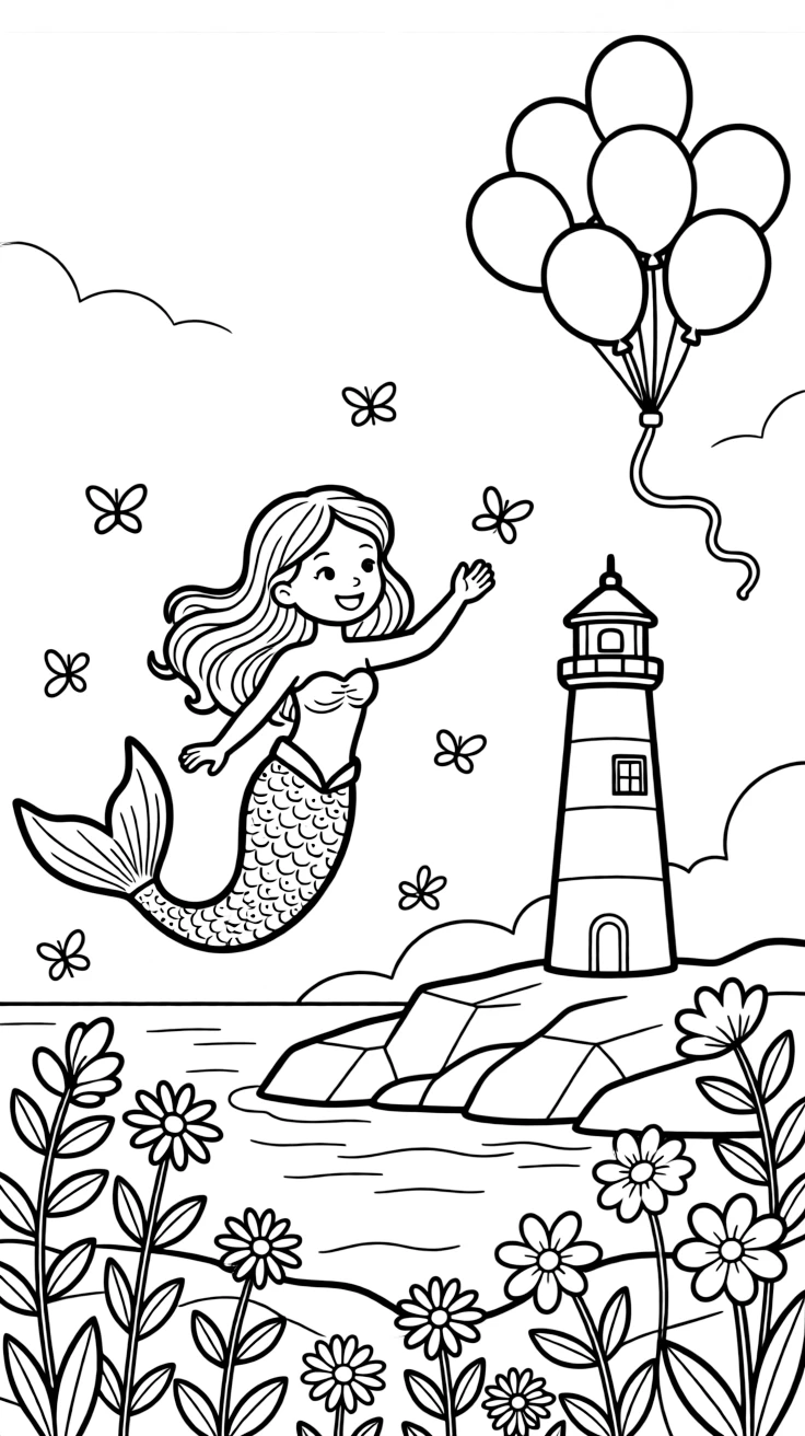 A mermaid girl with a glittering tail is chasing fireflies just as the sky turns purple beside a lighthouse on a rocky coast. Nearby, wildflowers swaying gently in the wind and a cluster of bouncing balloons tied with ribbon add a playful, cheerful touch.