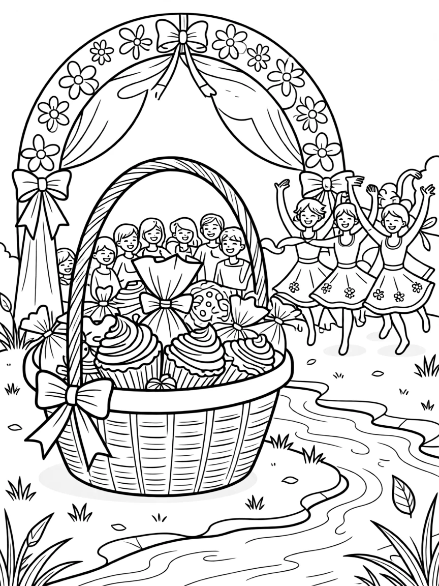 A close-up of a basket of sweet treats wrapped for giving on a riverbank crowded with people watching a celebration, surrounded by a decorated archway welcoming guests and a group of dancers in bright costumes.