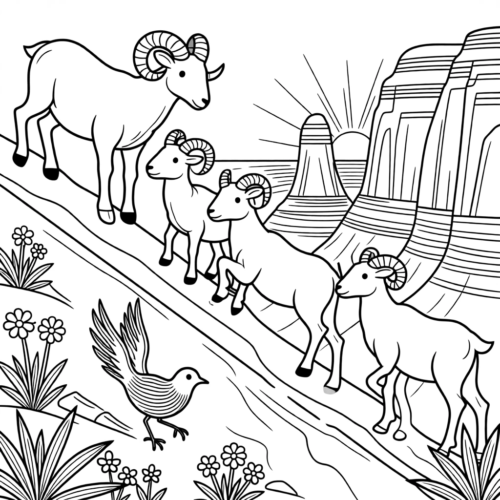 [Canyon Trails] A family of bighorn sheep climbs confidently along a narrow ledge above the canyon floor. A roadrunner darts across the trail past a cluster of wildflowers growing between rocks. Ancient rock formations shaped like towers and arches rise from the canyon floor. The canyon glows deep orange as the sun sets behind the layered rock walls.