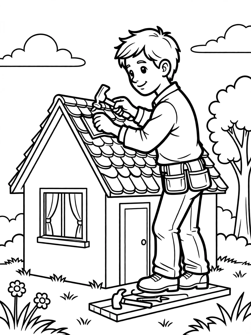 A roofer hammers shingles onto the slanted roof of a house.