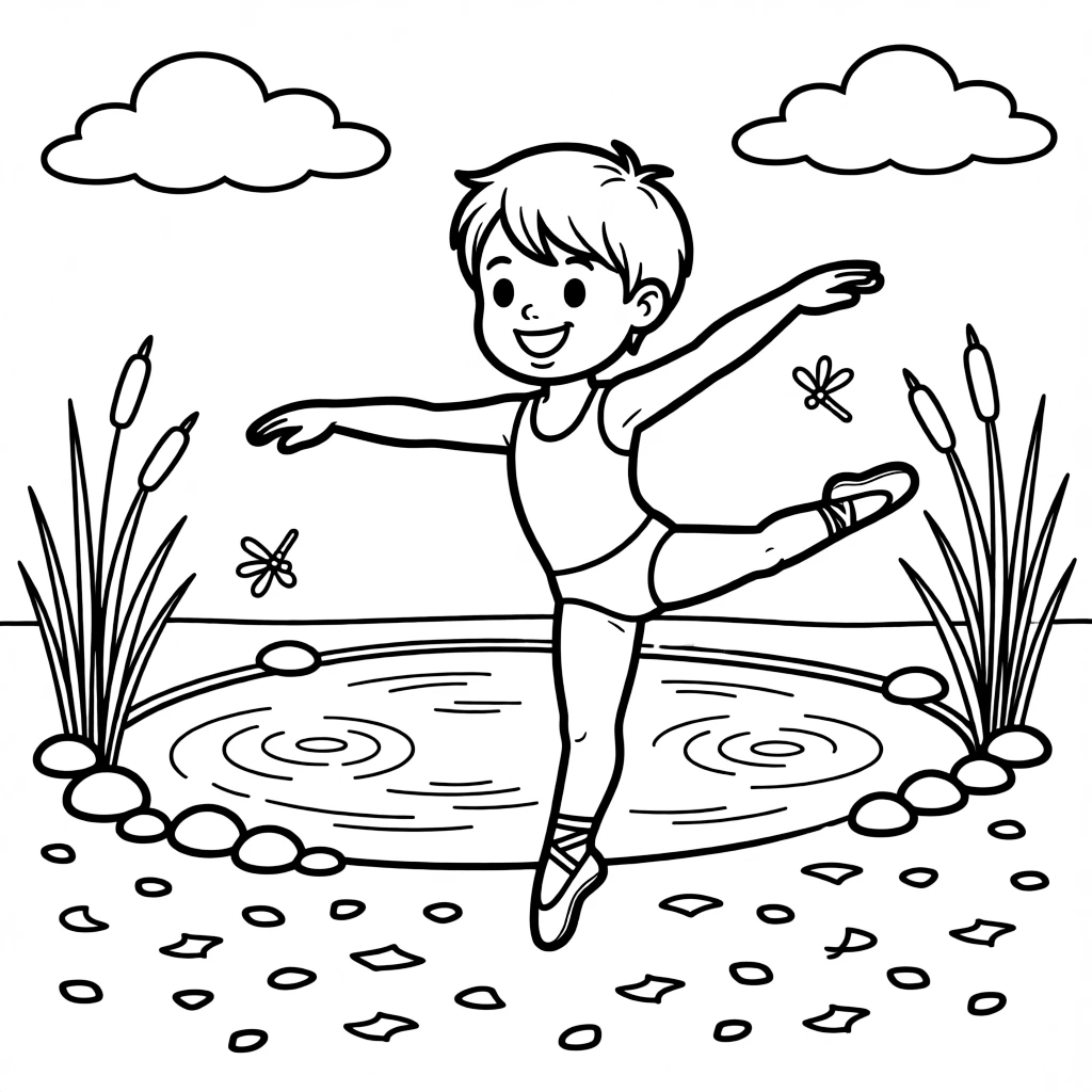 A giggling boy dancing ballet alone by a small pond, deeply focused, with confetti scattered on the ground.