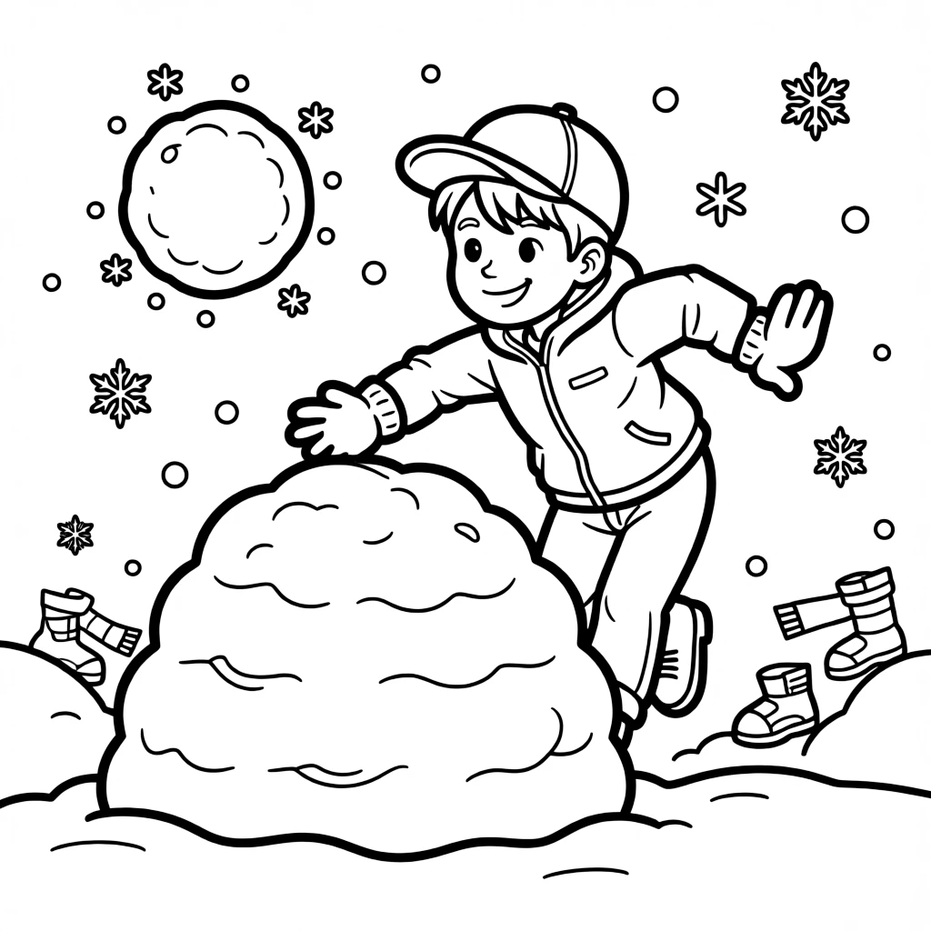 A confident boy wearing a bright cap, diving behind a snowbank to dodge an incoming snowball toss.