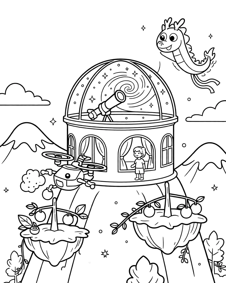 Zappy, a tiny drone robot harvesting glowing fruit from floating orchard islands, in a quiet observatory perched on a mountaintop under a starry sky, with a giant telescope pointed at a swirling galaxy and a kite shaped like a friendly dragon flying overhead nearby.
