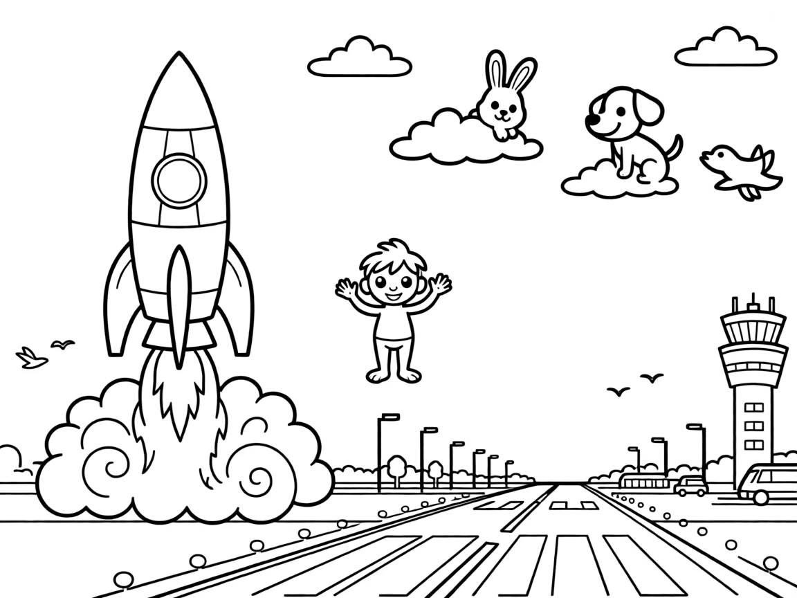 This coloring page shows a towering rocket ship blasting off in a cloud of fire making its way across a busy airport runway with a control tower in the distance, accompanied by a friendly alien waving three tentacle-arms, while fluffy clouds shaped like animals drifting overhead adds extra charm to the scene.