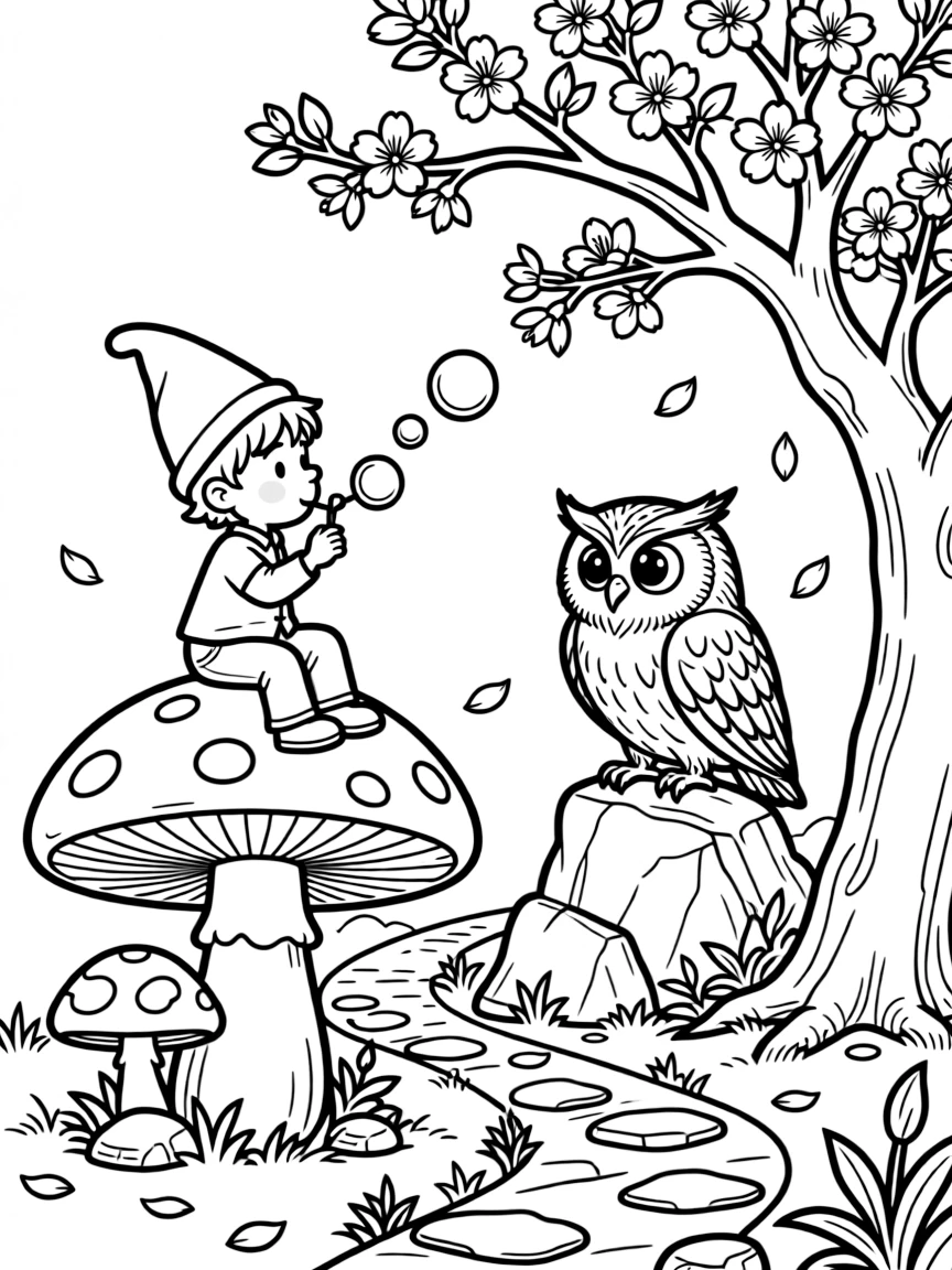 A mushroom-riding gnome pet on a rocky mountain trail, blowing bubbles with a wise old owl, next to a blooming cherry blossom tree.